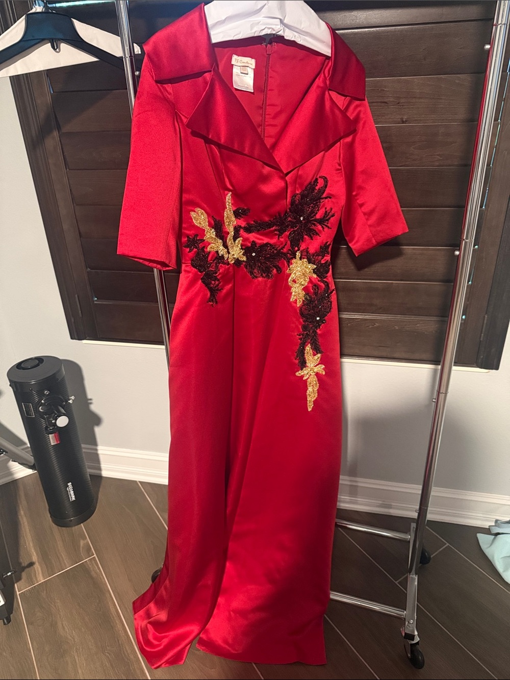 Red Satin Maxi Dress with Black & Gold Applique